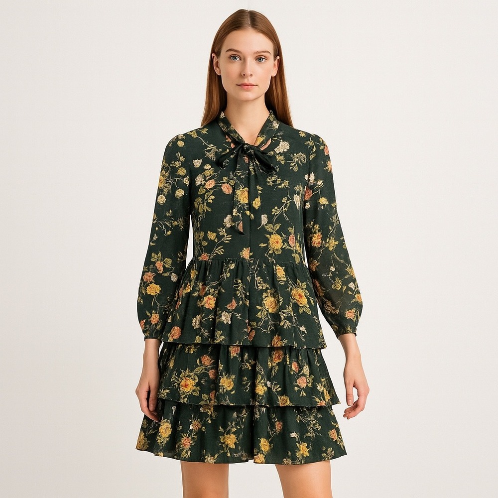 Lauren Ralph Lauren Green Floral Tiered Ruffle Tie-Neck Dress Women's 10